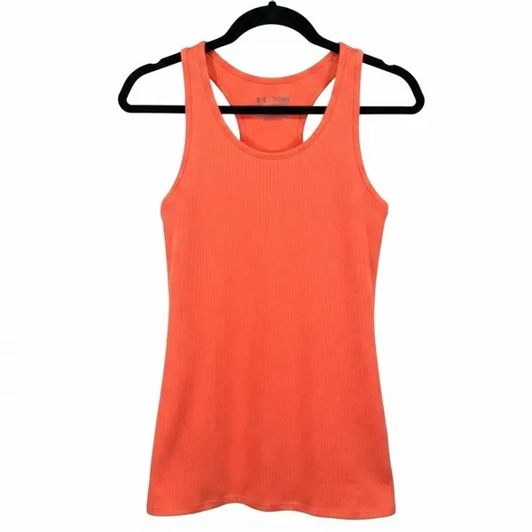 Under Armour HeatGear Fitted Ribbed Racerback Tank Top Neon Orange Medium - Image 8