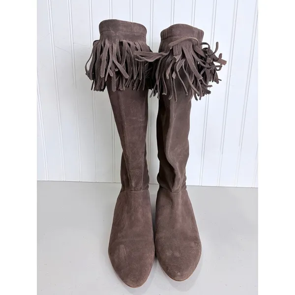 Daniblack Chocolate Brown Suede Fringe Collar Drawstring Tall Boot Flat 8.5M - Image 3