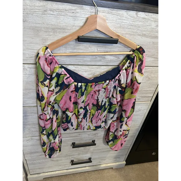Abercrombie & Fitch Floral Ruched Smocked Long Sleeve Crop Top Pink Green Medium - Image 5