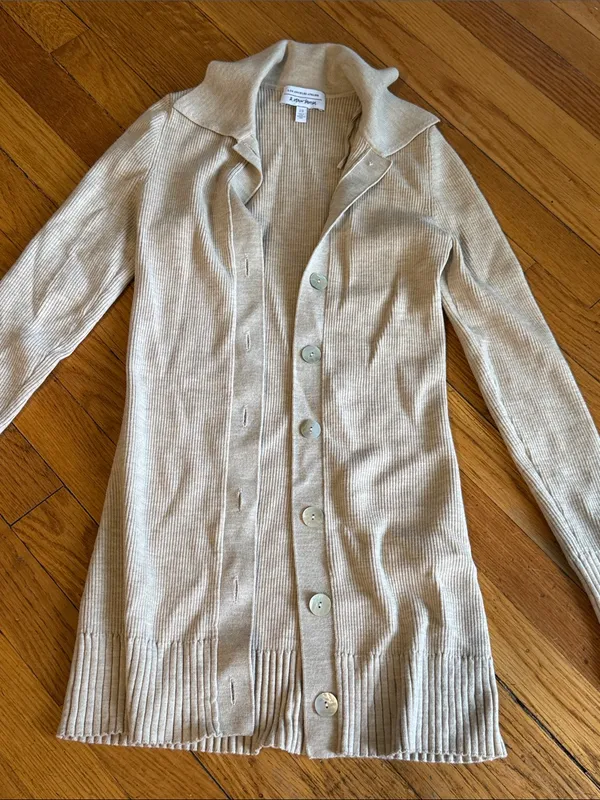 & Other Stories Wool Blend Long Fitted Ribbed Knit Collar Cardigan Beige XS - Image 2
