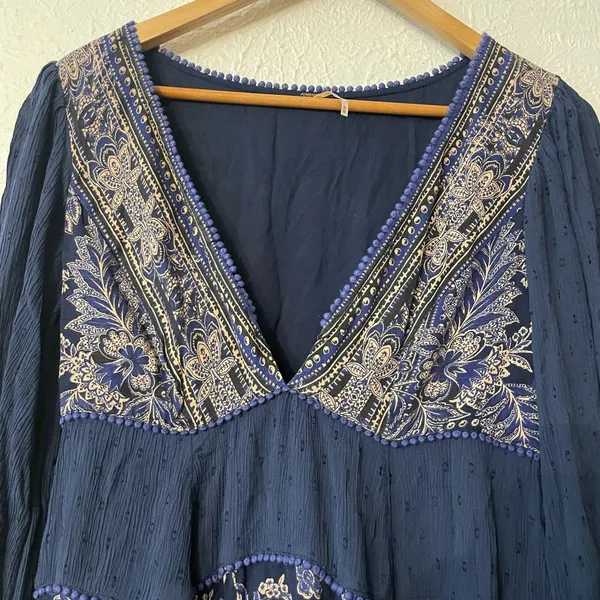 Free People My Love Mini Navy Paisley V-Neck Long Sleeve Tiered Dress Medium - Image 6