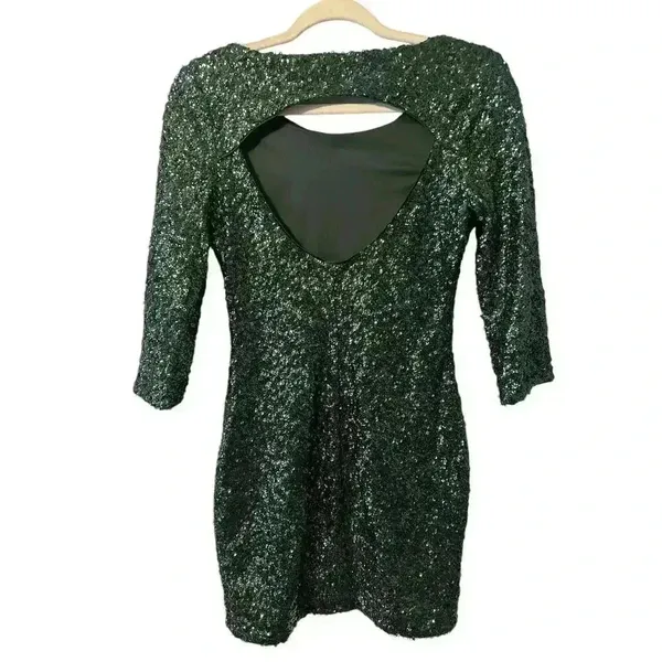 Express‎ Green Sequin Mini Sheath Open Back Dress, Size 2 - Image 3