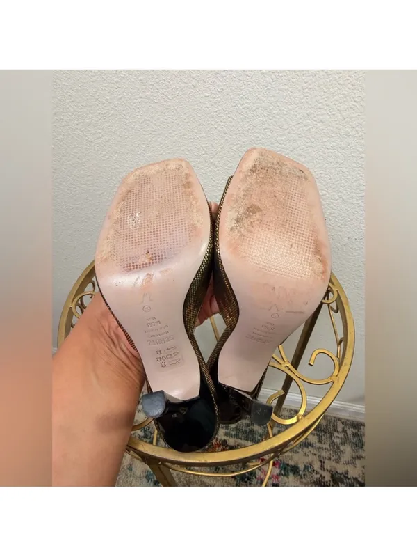 SCHUTZ Metallic Gold Open-Toe Mule Cloe Stiletto Square  Heel Size 5.5 - Image 4