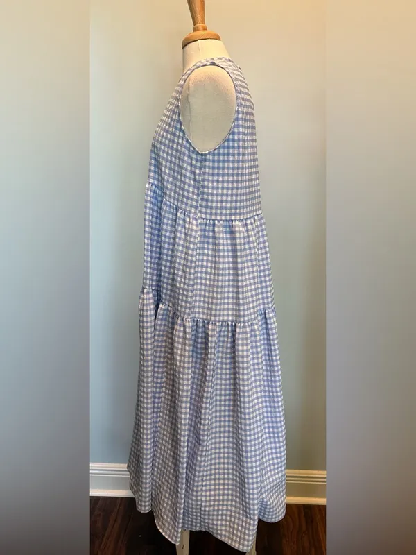 En Saison Blue/White Gingham Check Seersucker Tiered Maxi Dress size Large - Image 4