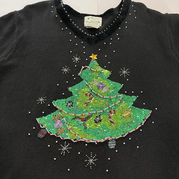 Quacker Factory Black Christmas‎ Tree Holiday V Neck Pullover Sweater Size 1X - Image 3
