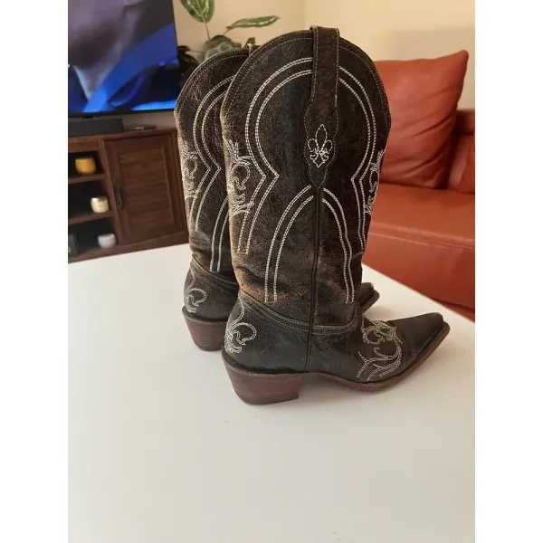 Pecos Bill Leather Cowgirl/cowboy Boots Sz 6 Women’s Distressed Drk‎ Brown White - Image 8