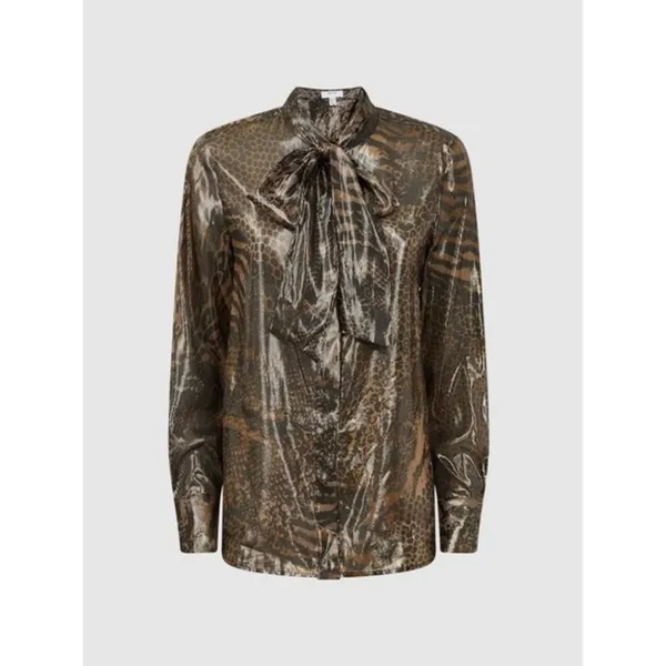 REISS Kendall Metallic Animal Print Tie Neck Blouse Gold Buttondown Size 8 - Image 10