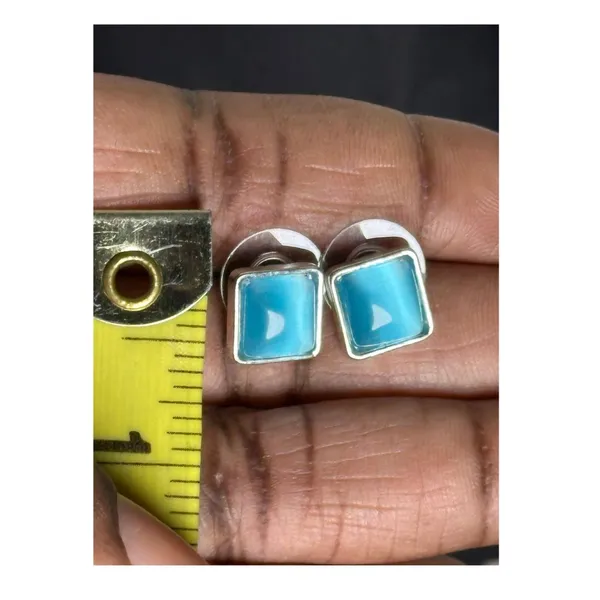 Square Turquoise Tone Stud Earrings Silver Tone Minimalist 8mm - Image 2