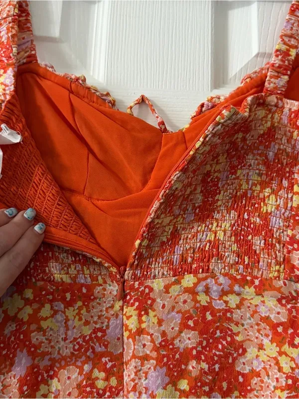 ASTR The Label Orange Floral Milkmaid Ruched Midi Dress Size M - Image 9
