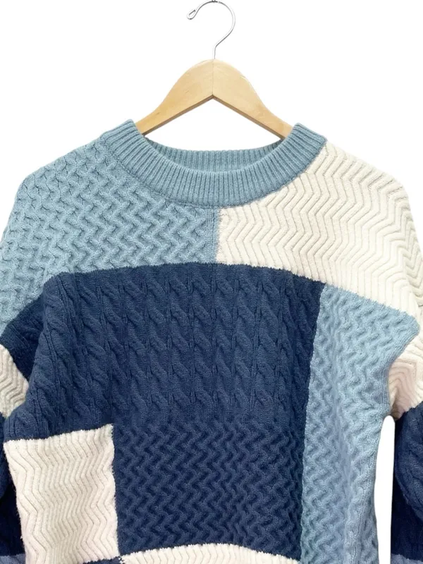 Aelfric Eden Sz XL Patchwork Cable Knit Sweater Blue Cream Colorblock Crewneck - Image 4