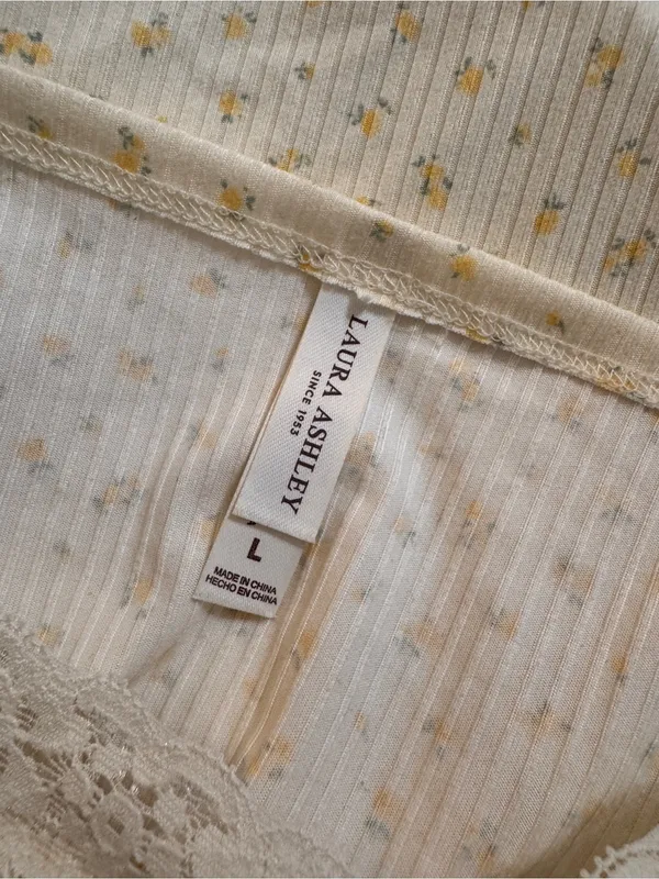 Laura Ashley Micro Floral Lace Tank Top Pajama PJ Yellow Cream Large Ribbed - Image 4