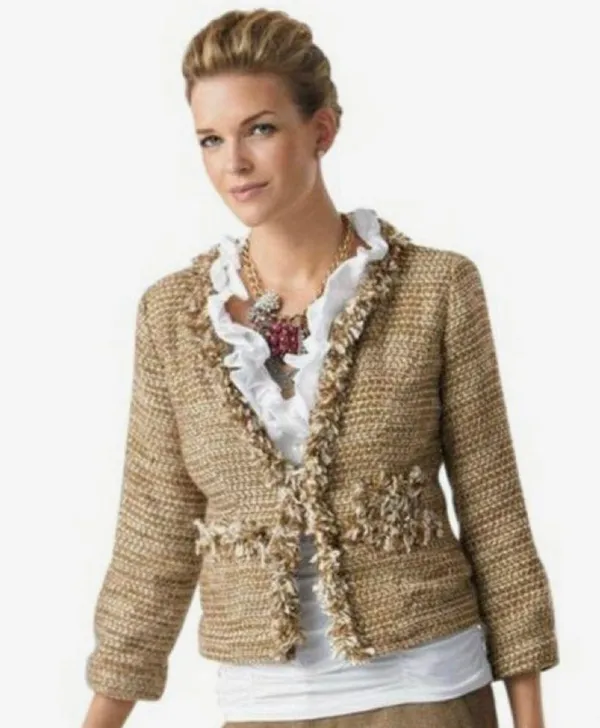 CAbi Tan Metallic Phoebe Tweed Boucle Frayed Edge Blazer Jacket Size Medium - Image 3