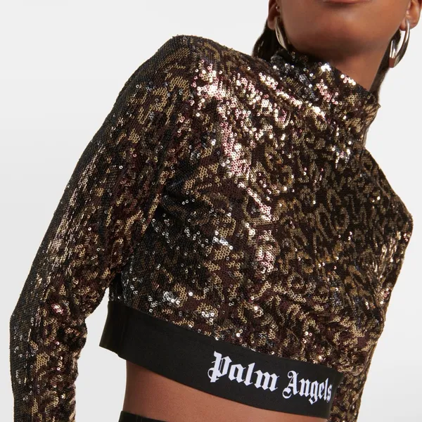Palm Angels Glittering Sequin Crop Top - Black and Gold - Image 4