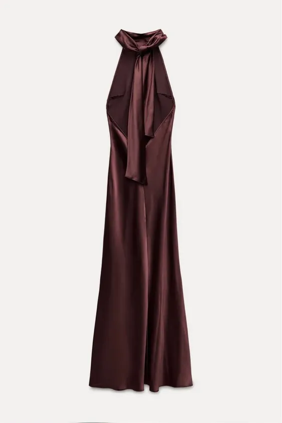 Zara maxi halter scarf satin Elegant Burgundy Brown Evening Wedding Dress - Image 16