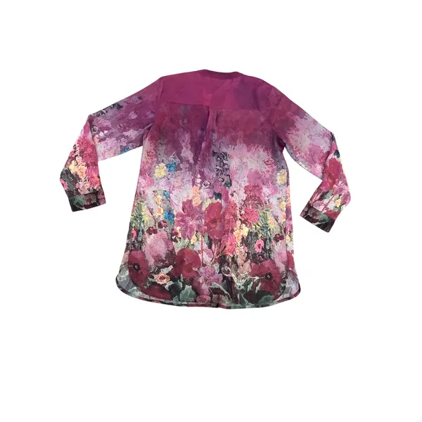 Soft Surroundings Magenta Floral Watercolor Pleated Tunic Blouse Women M Sheer - Image 3