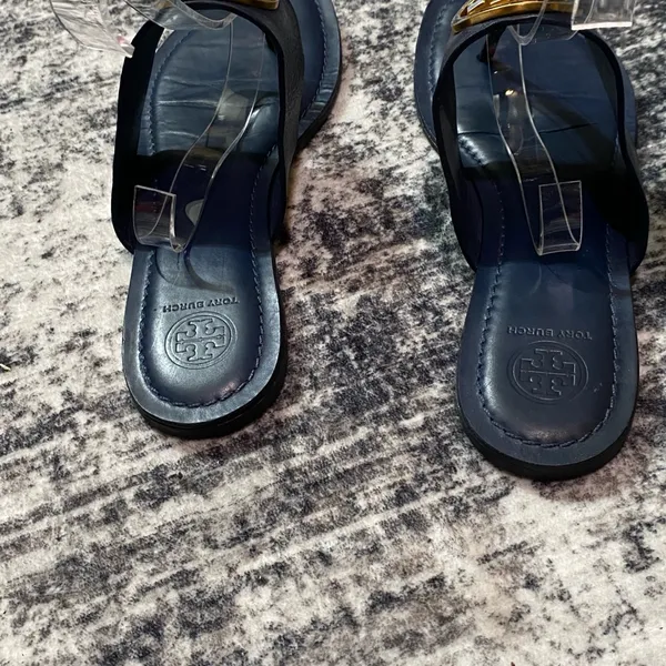 Tory Burch Benton Band Flat Sandals Calf Leather Royal Navy Size 9.5M - Image 2