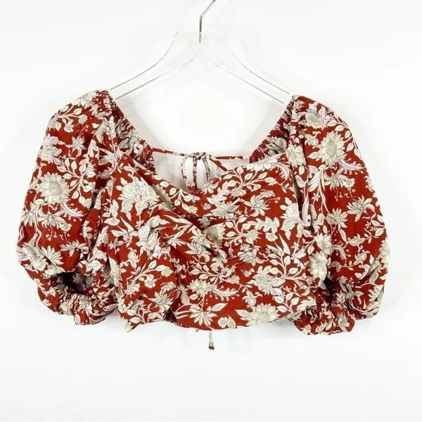 Free People Sunday Floral Linen Blend Puff Sleeve Crop Top Women's Size‎ S Boho - Image 2