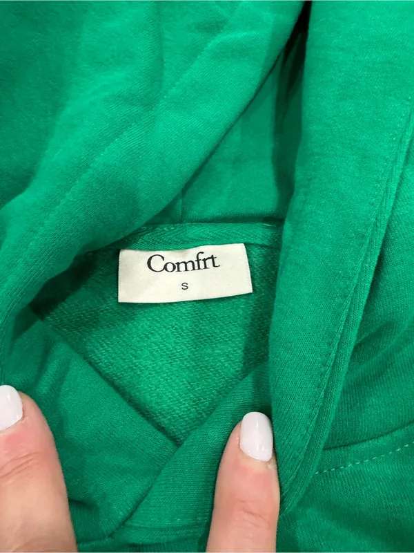 Comfort Colors Emerald Green Hoodie with Red & White Stripe Trim - Image 4