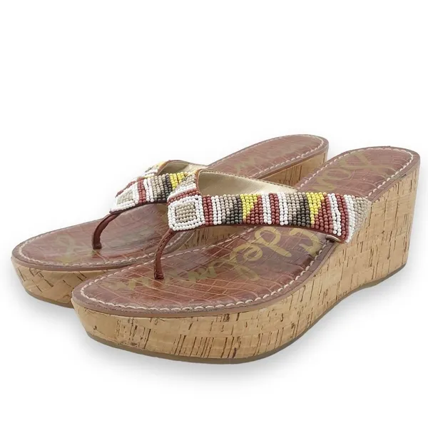 Sam Edelman Rosa Nude Ginger Beaded Thong Cork Wedge Sandal Flip Flop Size 8.5 - Image 6