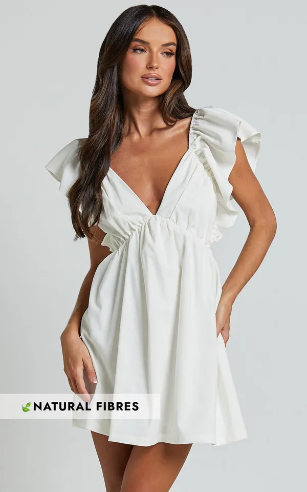 Showpo Raiza Mini Dress Ruffle Sleeve Tie Back Plunge Dress 100% Cotton In Off White! - Image 3