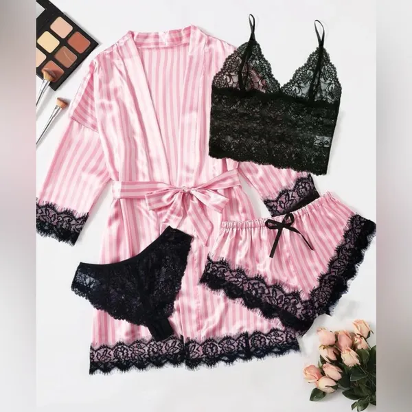 New In Bag Pink Striped Lace Satin Lingerie Set & Robe - Image 3