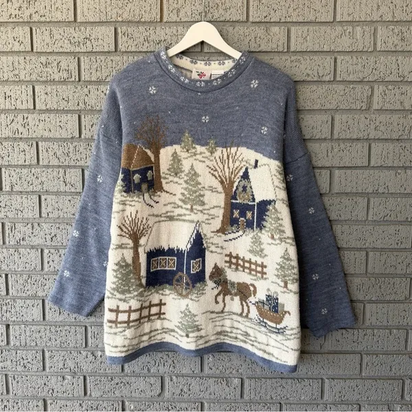 Vintage Nutcracker Christmas Sweater Medium Blue Cabin Sleigh Ride Horse Scene - Image 2