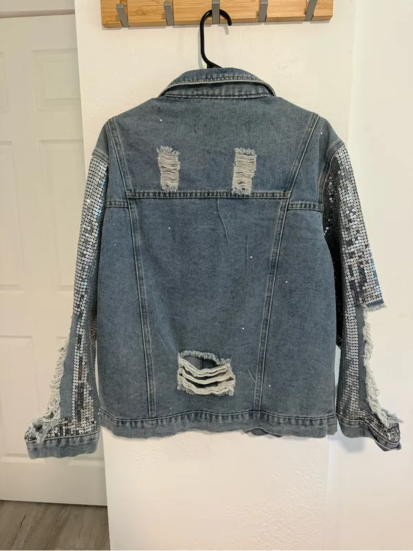 NFL Dallas Cowboys bedazzled Sequin Sleeve Distressed Denim Jacket - Blue - Image 2