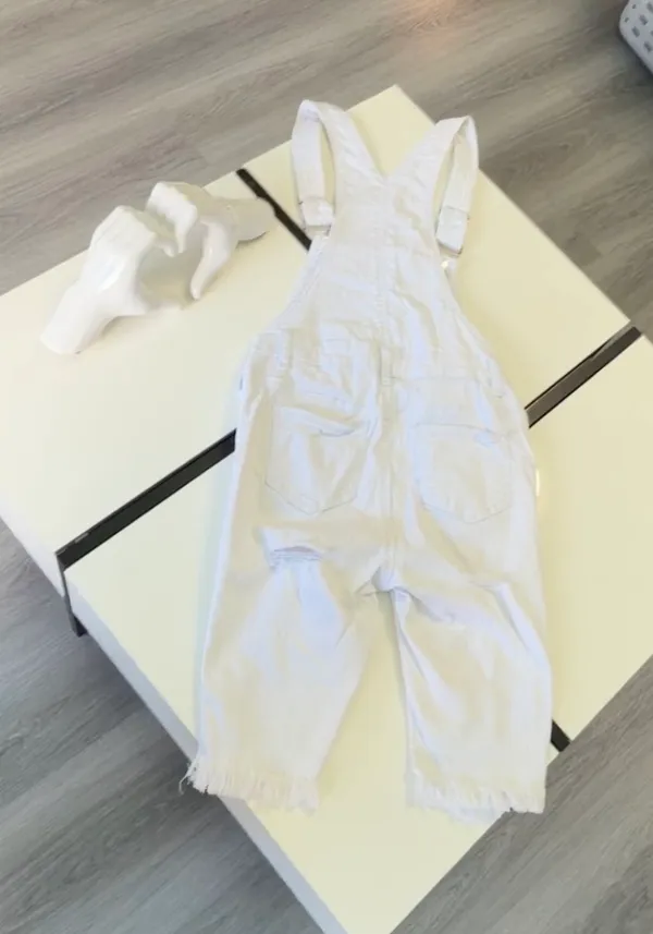 American Bazi White Distressed Denim Overalls - Size S (Fringe Hem) - Image 7