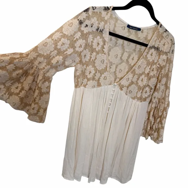 Boho Lace Bell Sleeve Babydoll Mini Dress / Tunic Festival Hippie Cottagecore M - Image 7