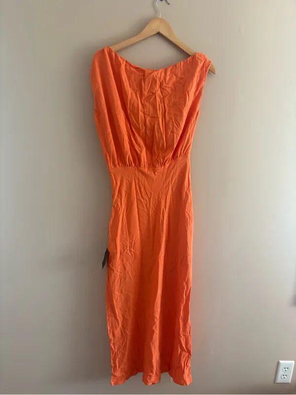 Lulus Casual Enchantment Orange Linen Off-the-Shoulder Midi Dress Size Medium - Image 5