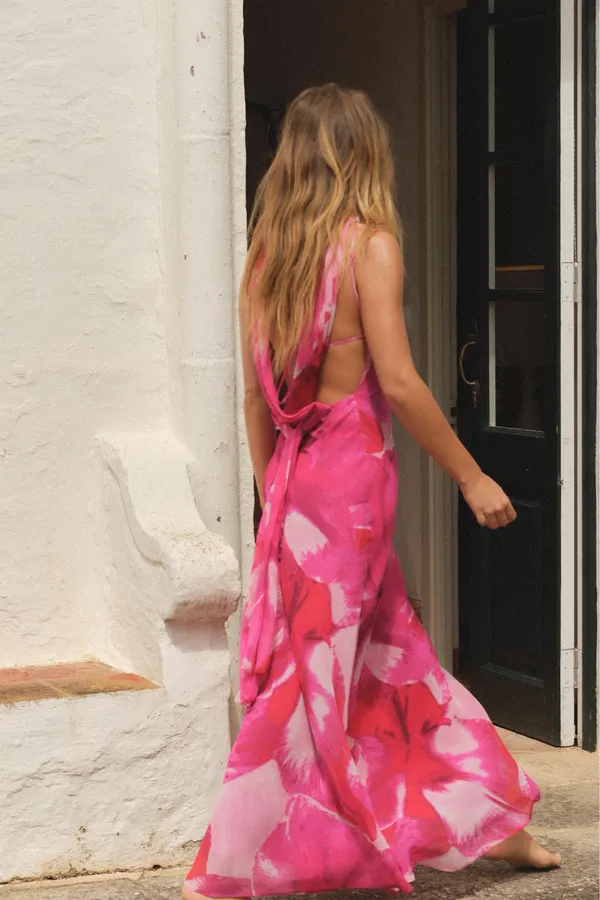 Zara Vibrant Pink long maxi Dress scarf evening party wedding coctail - Image 7