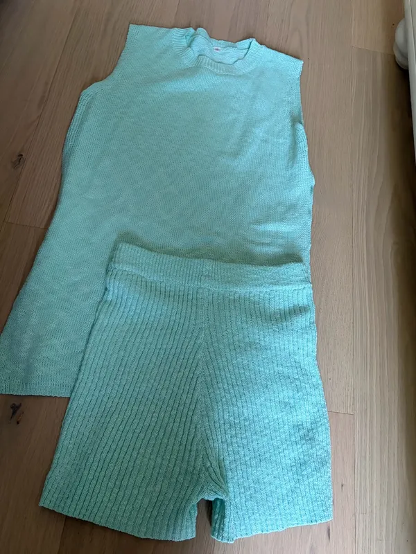 Uaneo 2 Piece Outfit Summer Knit Sweater Set Sleeveless Tunic top and short teal - Image 10