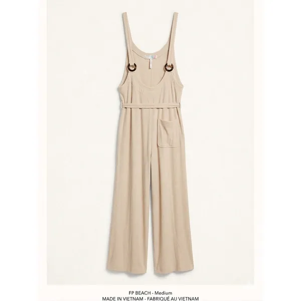 Free People‎ Jumpsuit Womens Medium FP Beach Beige Linen Blend Wide Leg Ribbed - Image 2