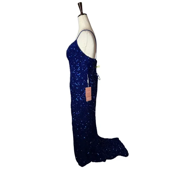 Stacees Gown Women 14 Royal‎ Blue Sequin Prom Lace Up Back Slit Train Formal NWT - Image 9