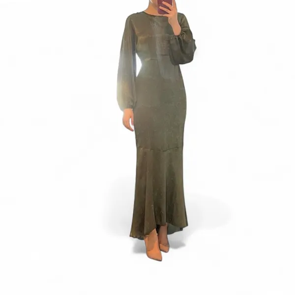 Olive Green Satin-Effect Backless Tie Maxi Dress – Long Sleeve Mermaid Silhouette - Image 2