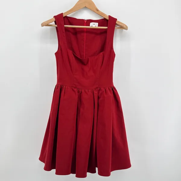 LPA Red Giovanna Mini Dress Square Neck Fit & Flare Revolve Size Small Pockets‎ - Image 3