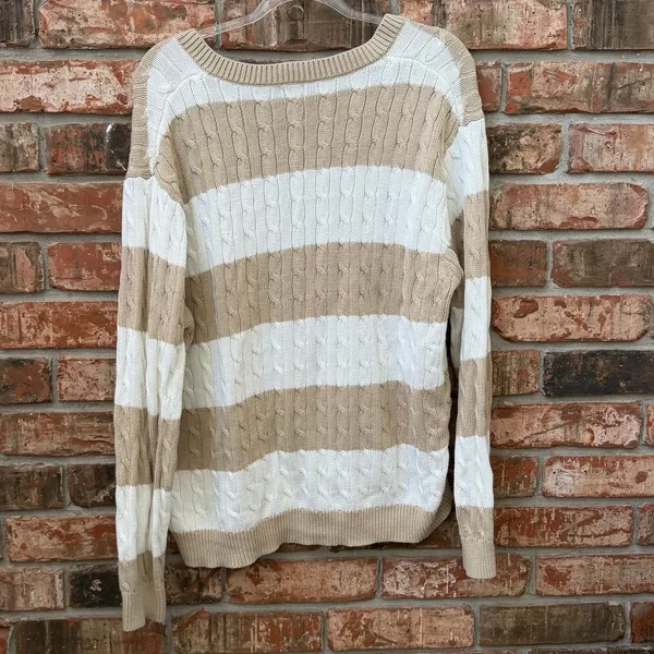 John Galt Striped Cable Knit Sweater One Size Khaki Tan Preppy Casual Relaxed - Image 4
