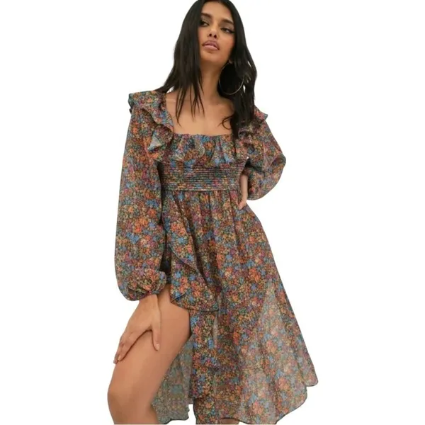 NWT For Love & Lemons Brittany Floral Sheer Ruffled MIDI Balloon Sleeve Dress XS - Image 3