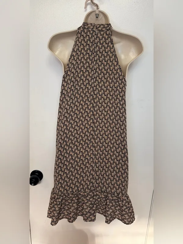 EMERY ROSE Size S Halter Mini Dress Beige Black Geometric Print Ruffle Hem - Image 10
