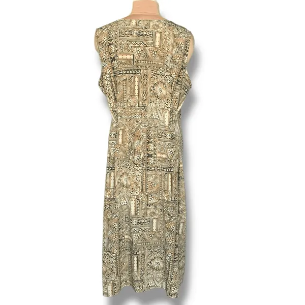 Vintage Black Brown Earth Tone Geometric Sleeveless Tie Back Midi Dress‎ XL Boho - Image 6