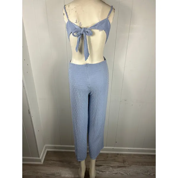 Lulus Darling Ties Light Blue Swiss Dot Tie-Back Wide-Leg Jumpsuit Size M - Image 5