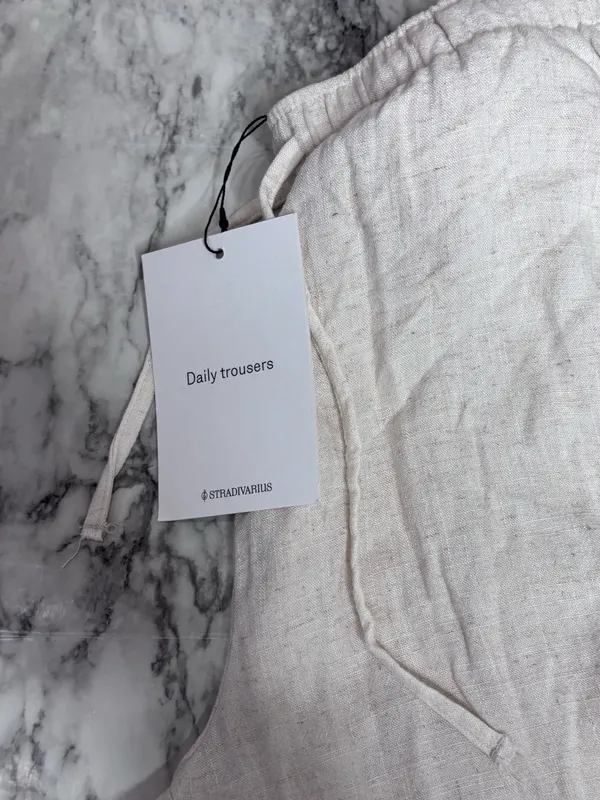 stradivarius Cream Wide Leg Linen Blend Pants pull on drawstring waist small NWT - Image 2
