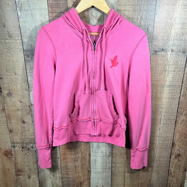 Aerie Pink Zip Up Hoodie Bird Logo Raw Hem Y2K Sweatshirt XL Casual - Image 2