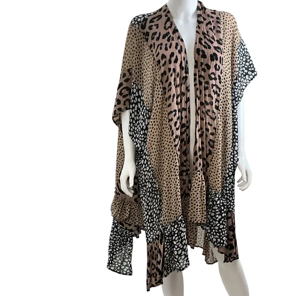 Umgee Womens‎ Leopard Patchwork Ruffle Kimono Wrap Brown Black SM - Image 4