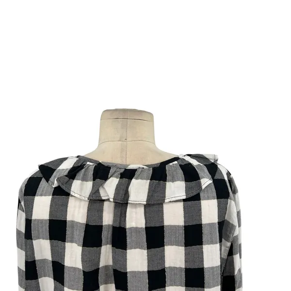 J. Crew Open Ruffle V-neck Button-up Shirt Gingham Plaid Check Black White‎ XL - Image 8