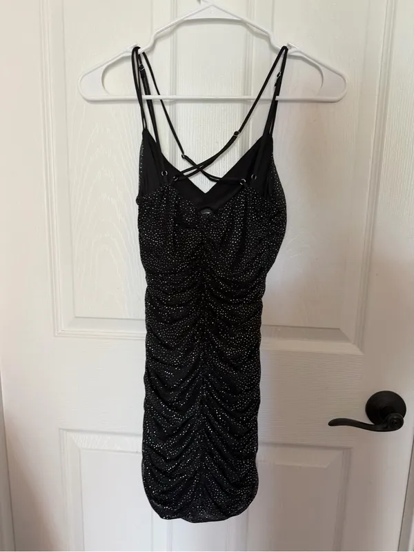 Lucy in the Sky Black Sparkle Ruched Slip Mini Dress Small - Image 4