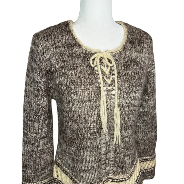 Folk Mohair‎ Blend Fringe Sweater L Boho Lace Up Knit Large Earthy Tribal Boho - Image 3