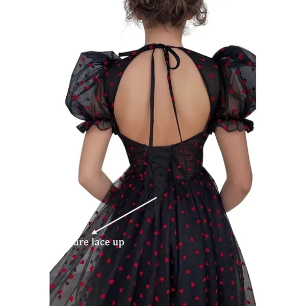 Heart Print Tulle Corset‎ Midi Dress Small Black Red Goth Coquette Prom Formal - Image 3