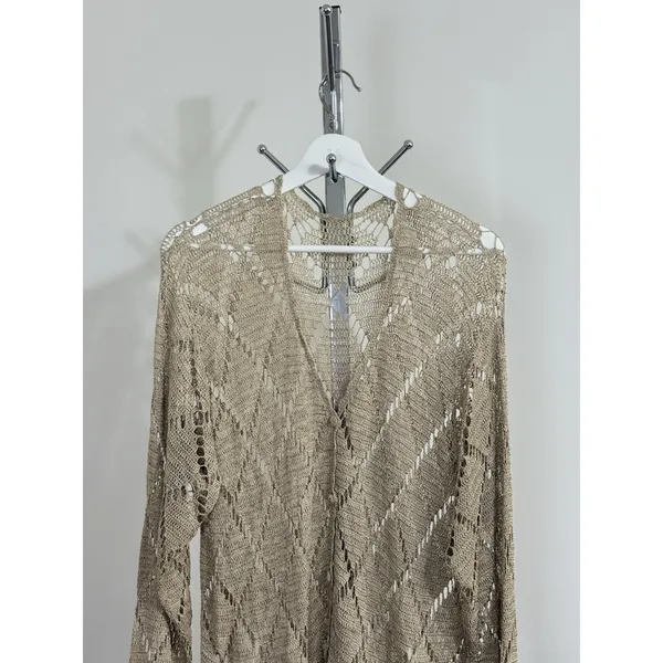 Womens Crochet Knit Cardigan Long Duster Metallic Beige Fringe Boho Cover Up L - Image 10