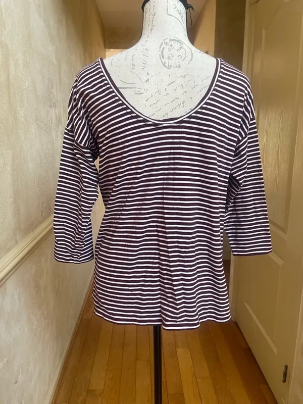 LOFT Ann Taylor Striped 3/4 Sleeve Boatneck Top Burgundy White Cotton Blend Sz M - Image 4